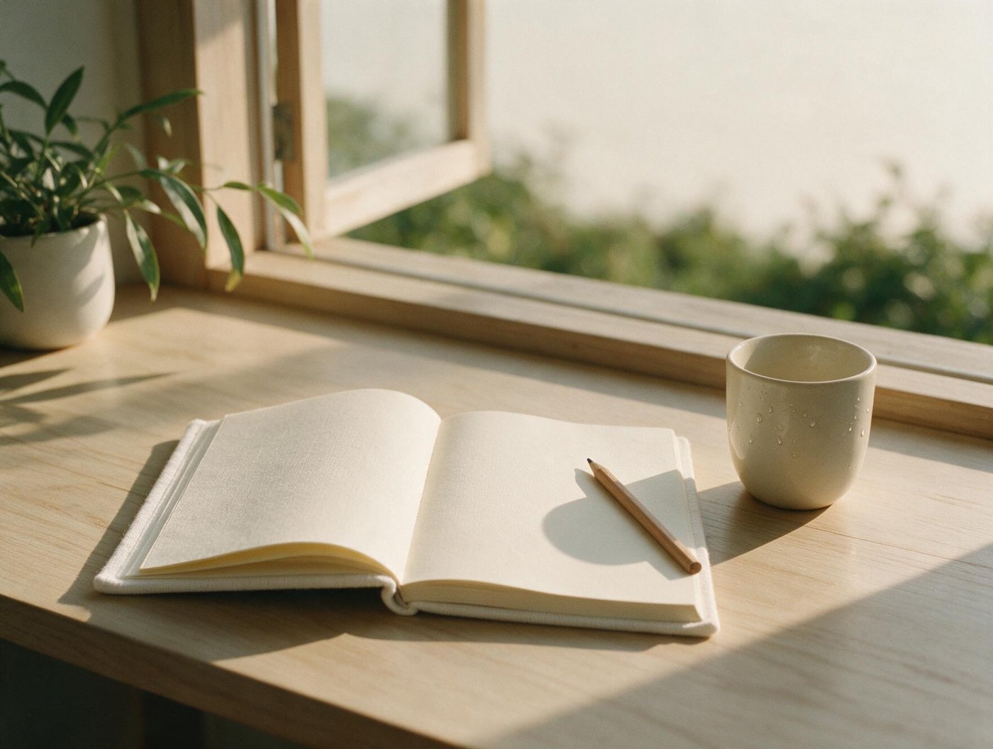 Cuaderno abierto y lapiz sobre una mesa de madera junto a una ventana